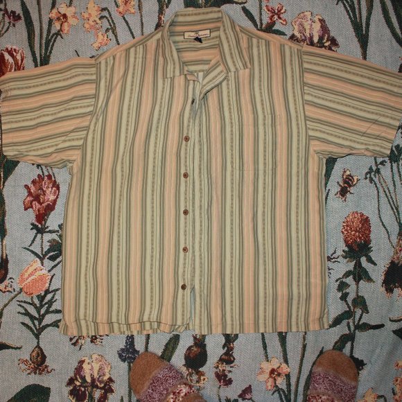 Tommy Bahama green and peach striped button up silk t-shirt size large - Picture 2 of 5